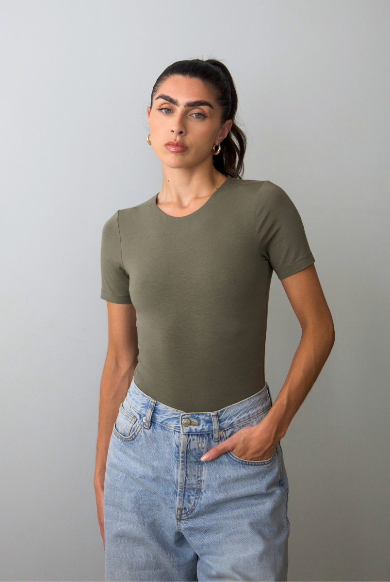 organic cotton crew neck bodysuit, burnt olive, front