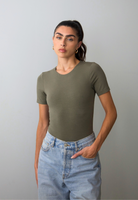 organic cotton crew neck bodysuit, burnt olive, front