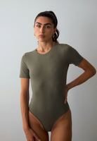 organic cotton crew neck bodysuit, burnt olive, front