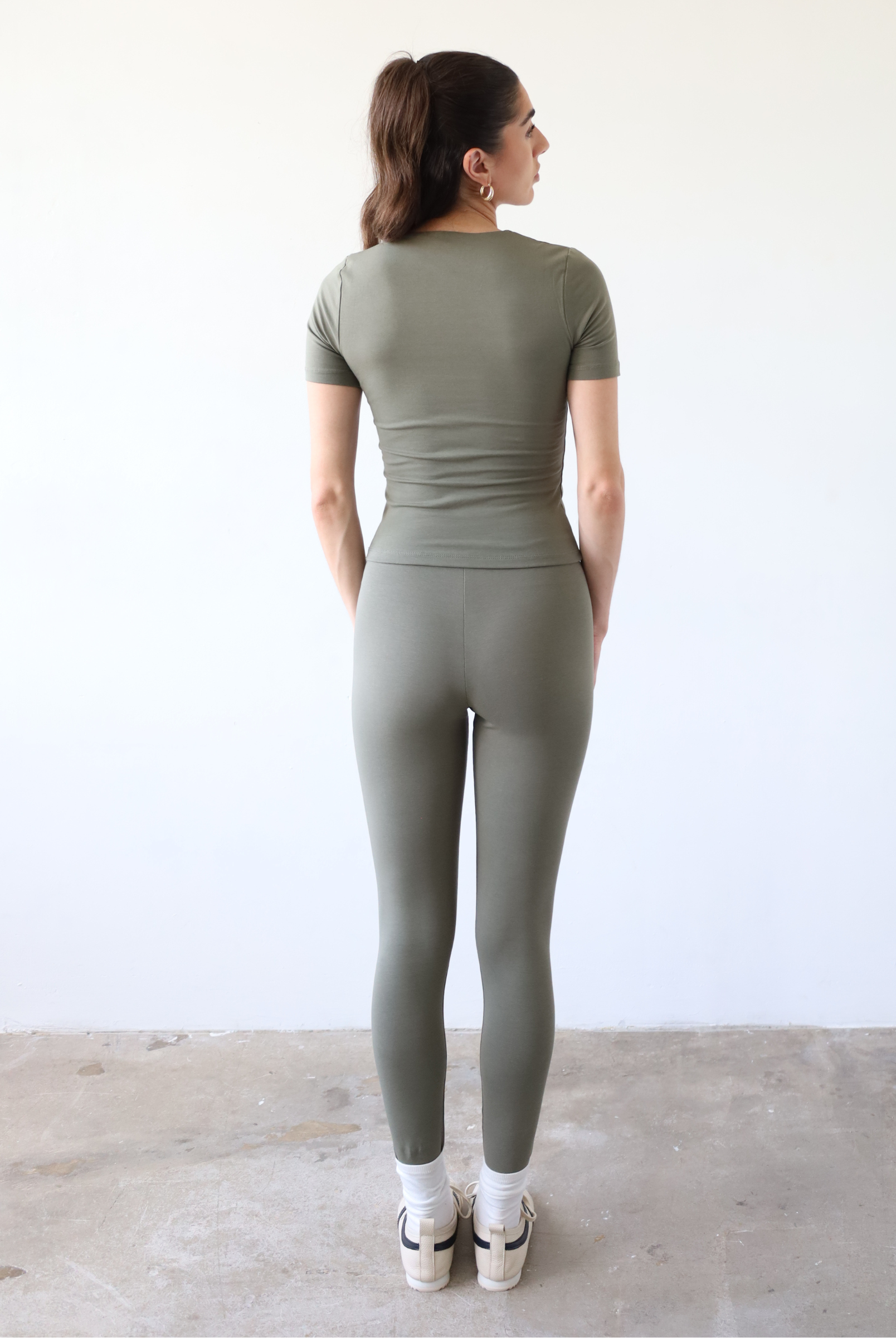 Organic cotton wrap waist leggings, olive green, back