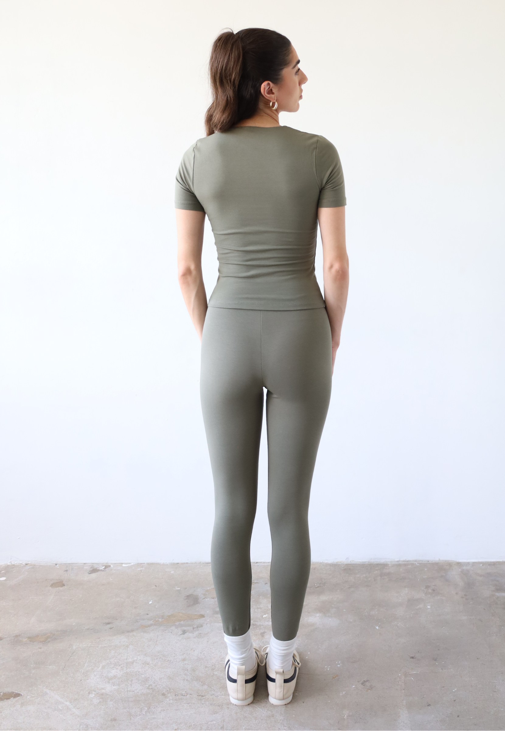 Organic cotton wrap waist leggings, olive green, back