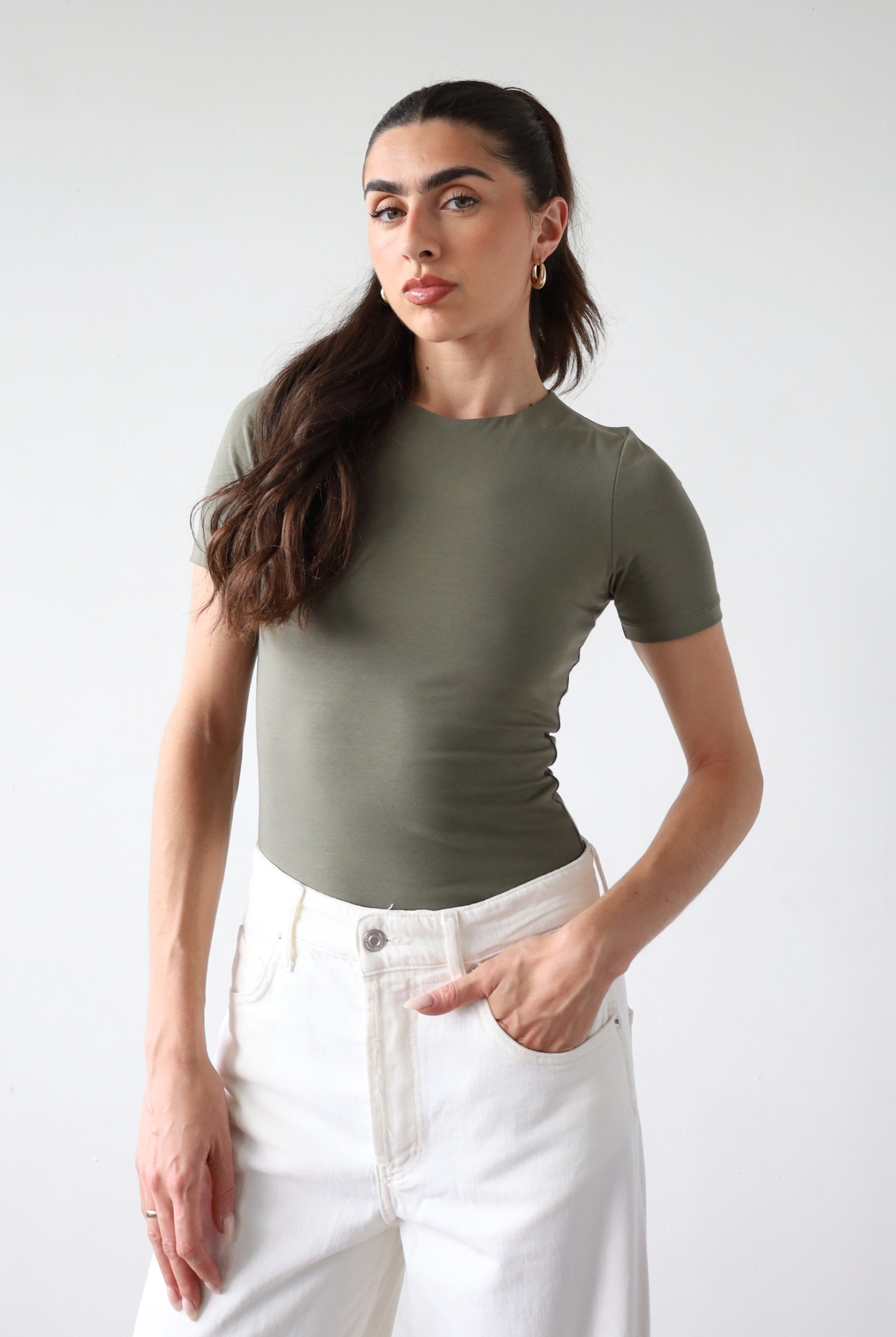 Organic cotton short sleeve crew neck bodysuit, olive green, front