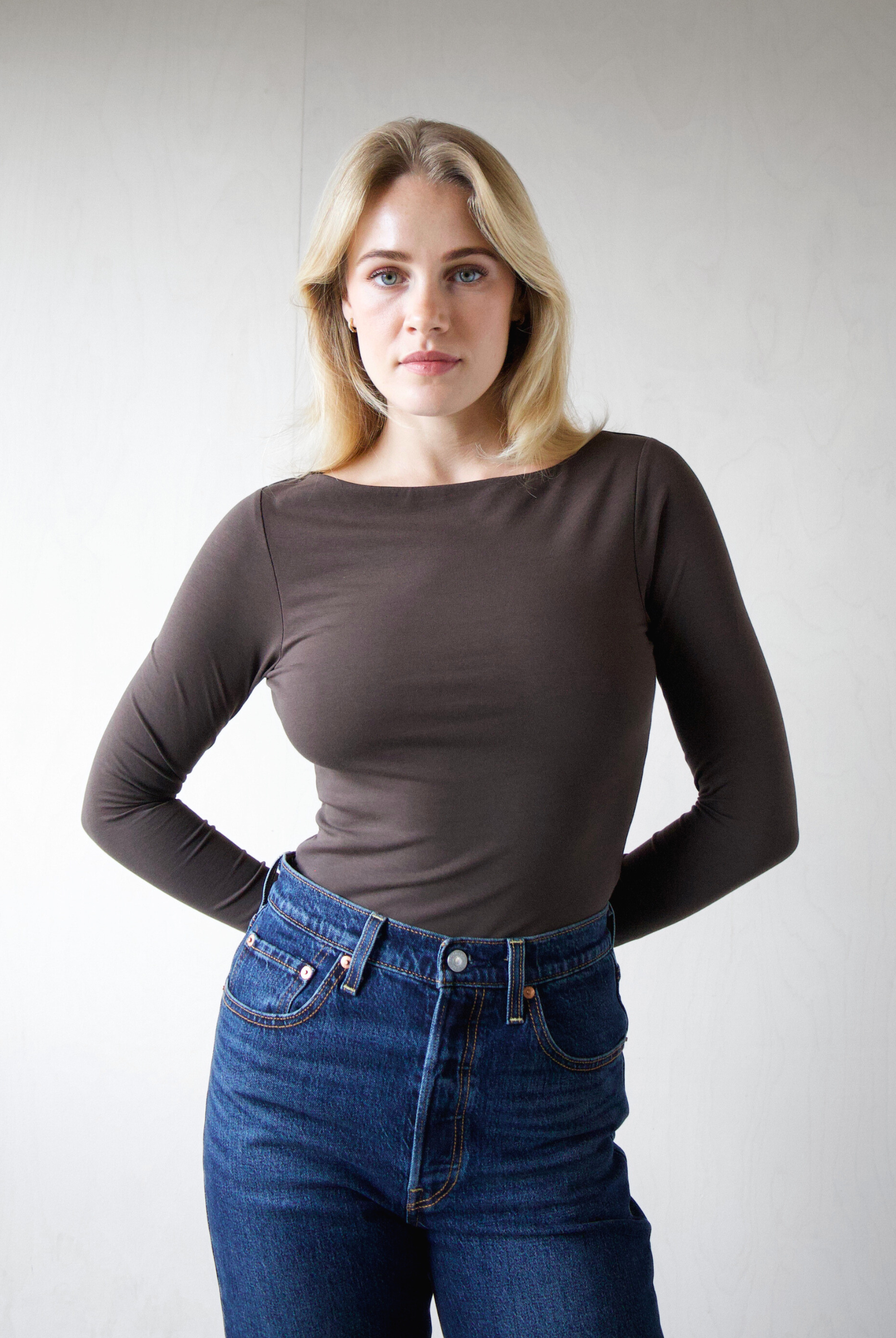 Organic Cotton boat neck long sleeve t-shirt, brown, front