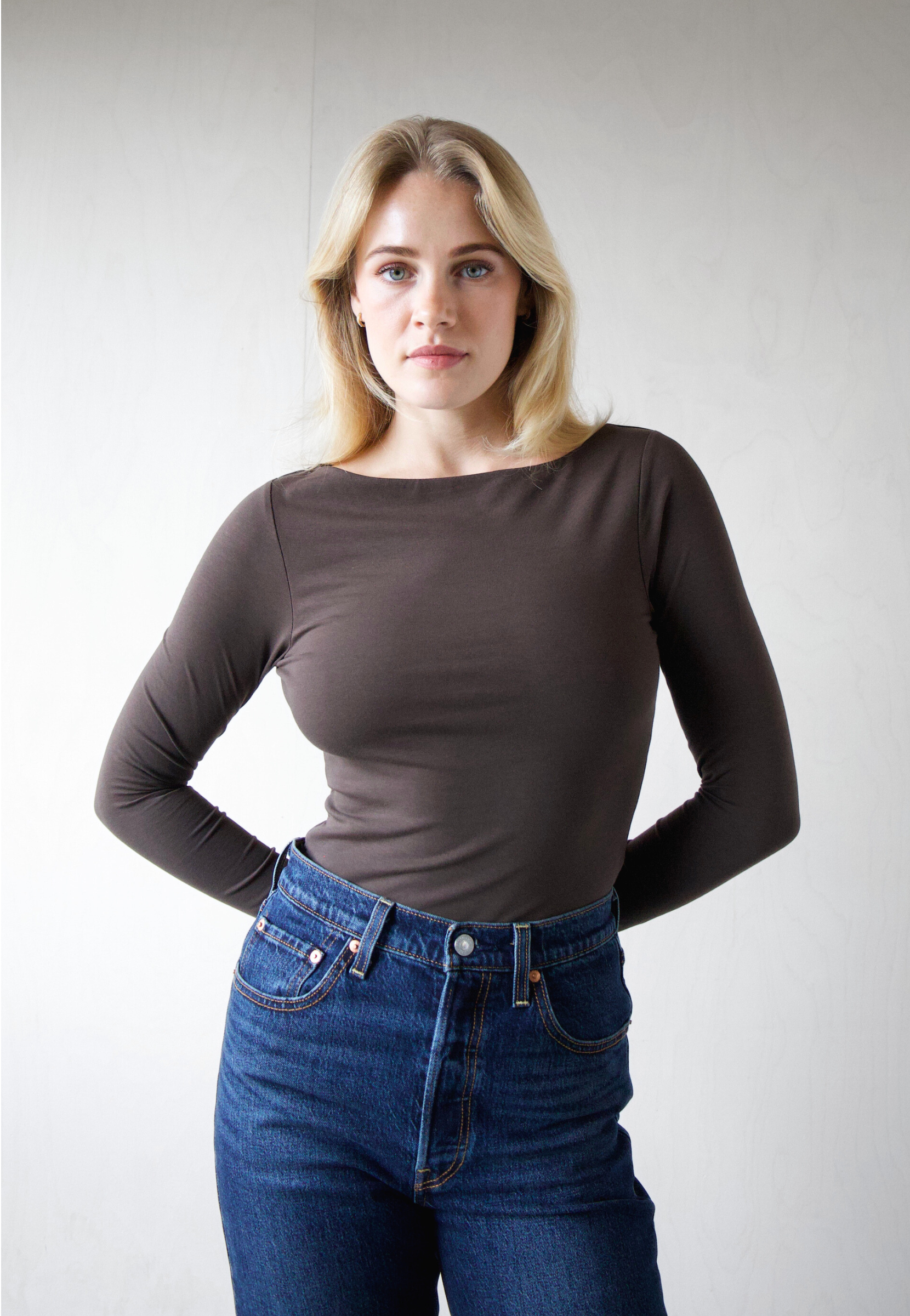 Organic Cotton boat neck long sleeve t-shirt, brown, front