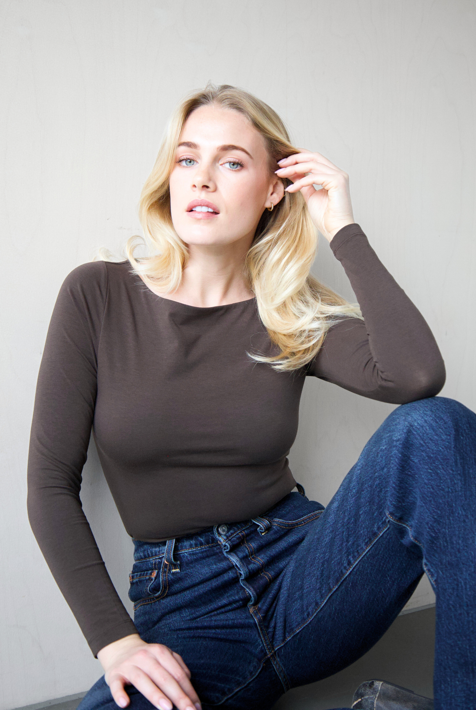 Organic Cotton boat neck long sleeve t-shirt, brown, front