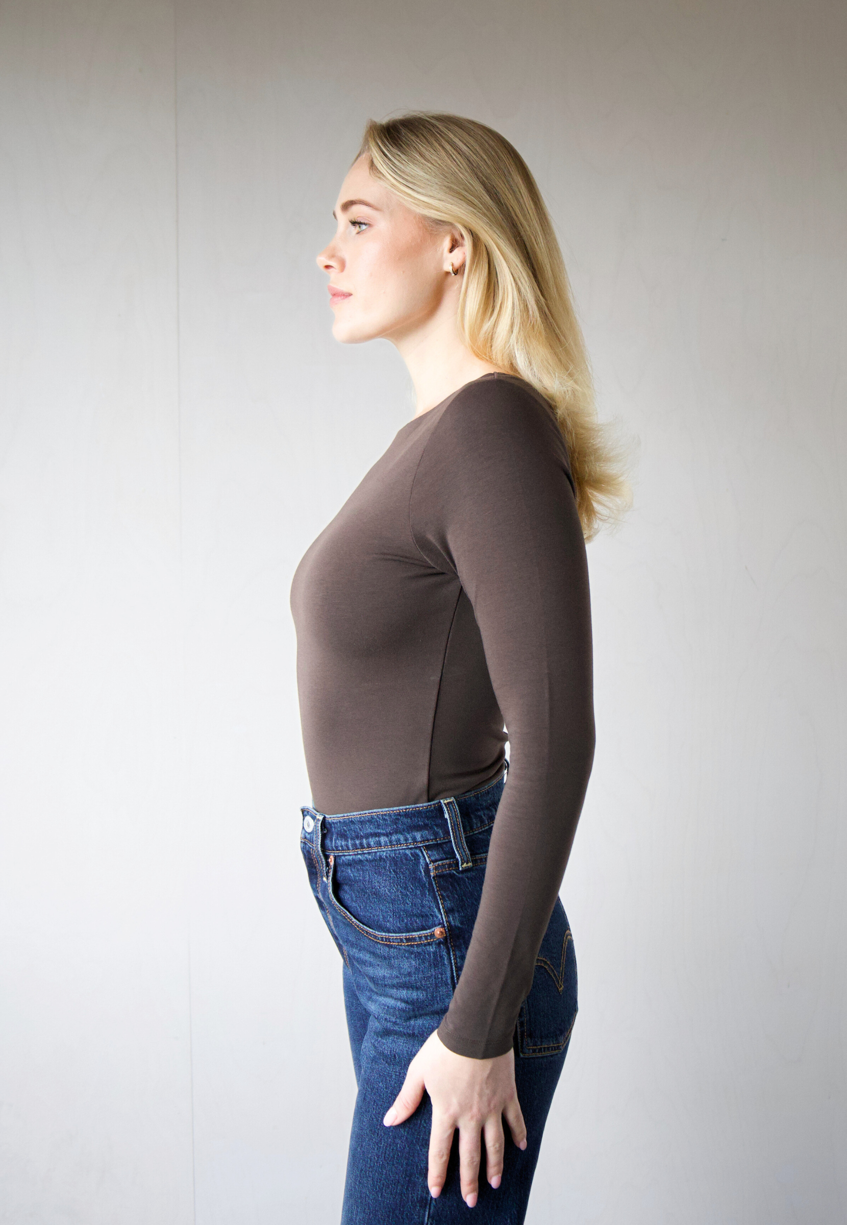 Organic Cotton boat neck long sleeve t-shirt, brown, side