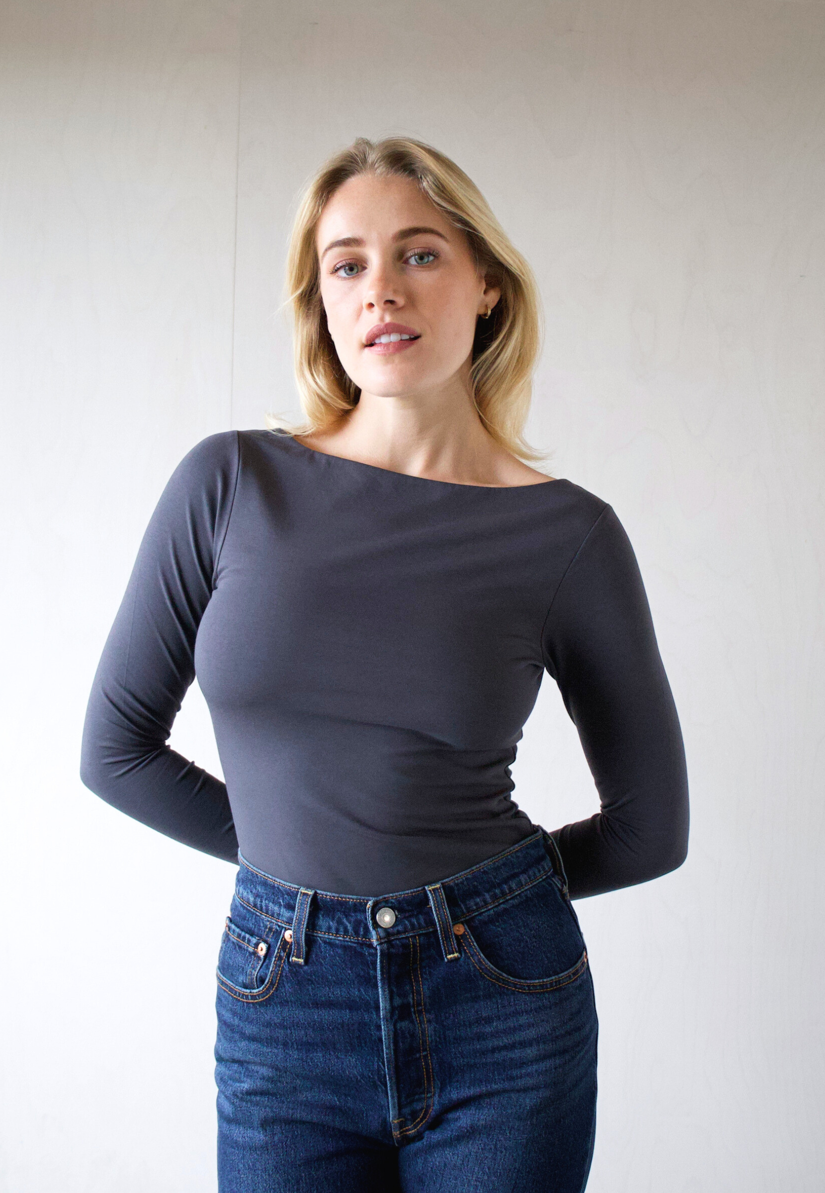 Organic Cotton boat neck long sleeve t-shirt, Grey, front