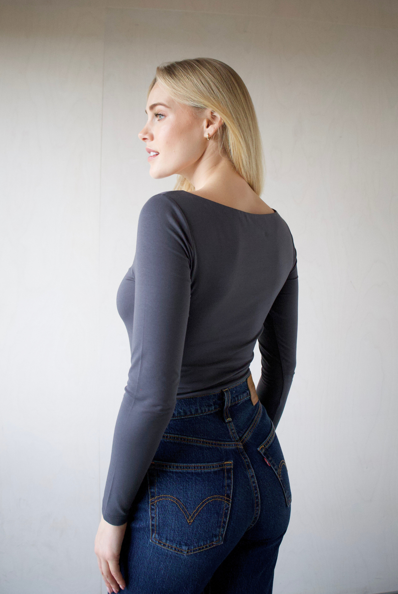 Organic Cotton boat neck long sleeve t-shirt, Grey, side