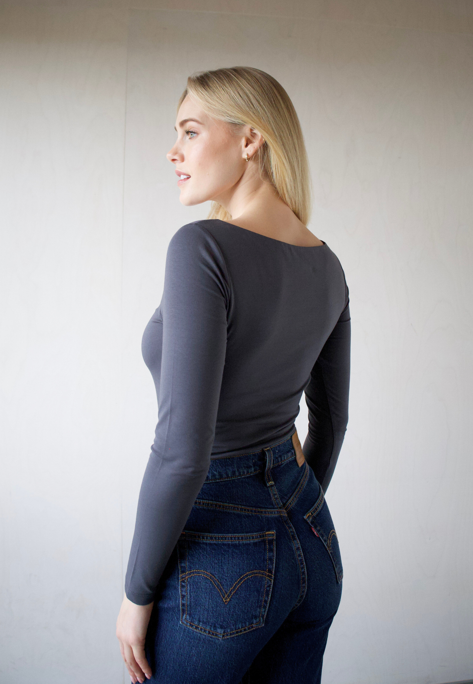 Organic Cotton boat neck long sleeve t-shirt, Grey, side