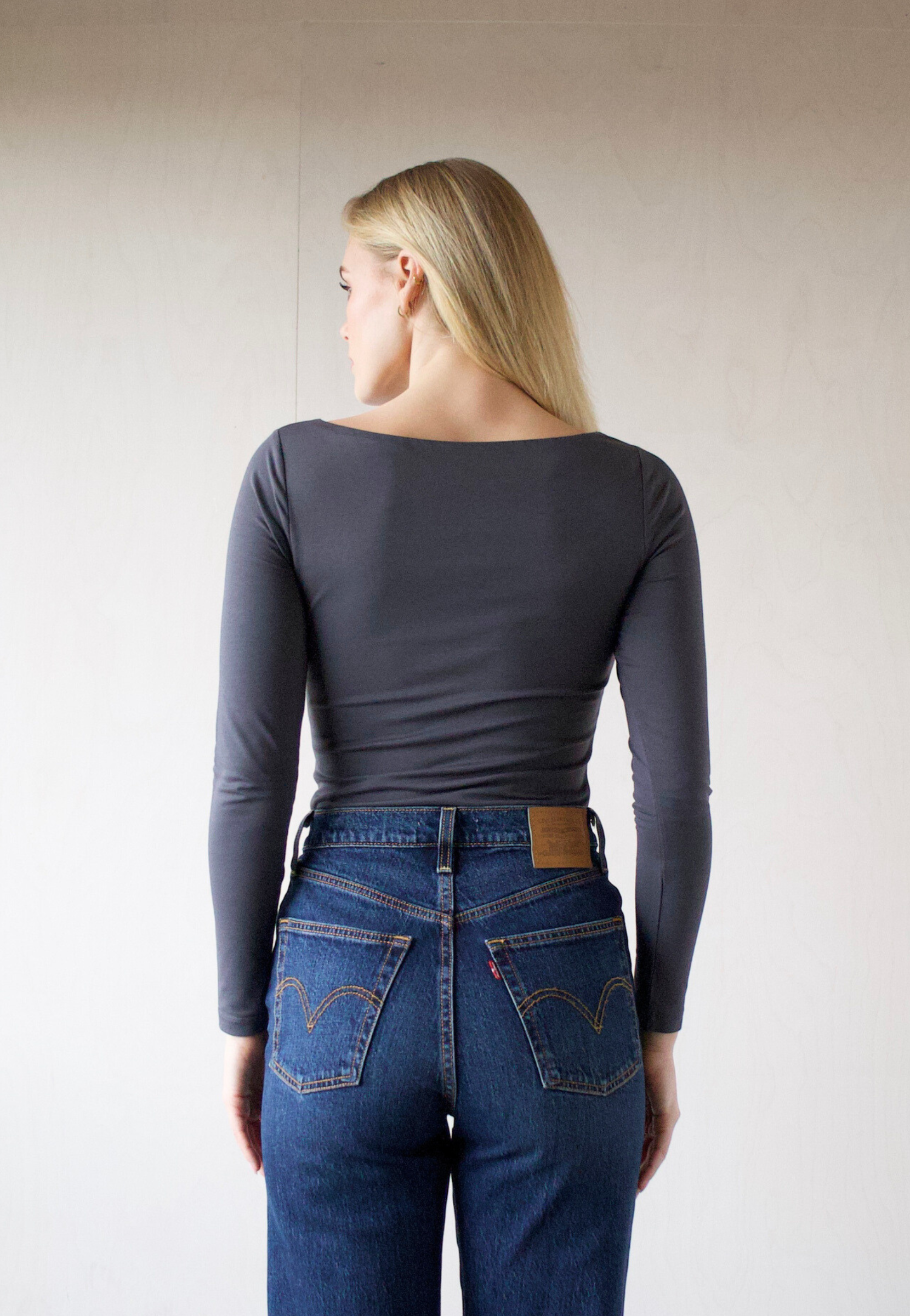 Organic Cotton boat neck long sleeve t-shirt, Grey, back