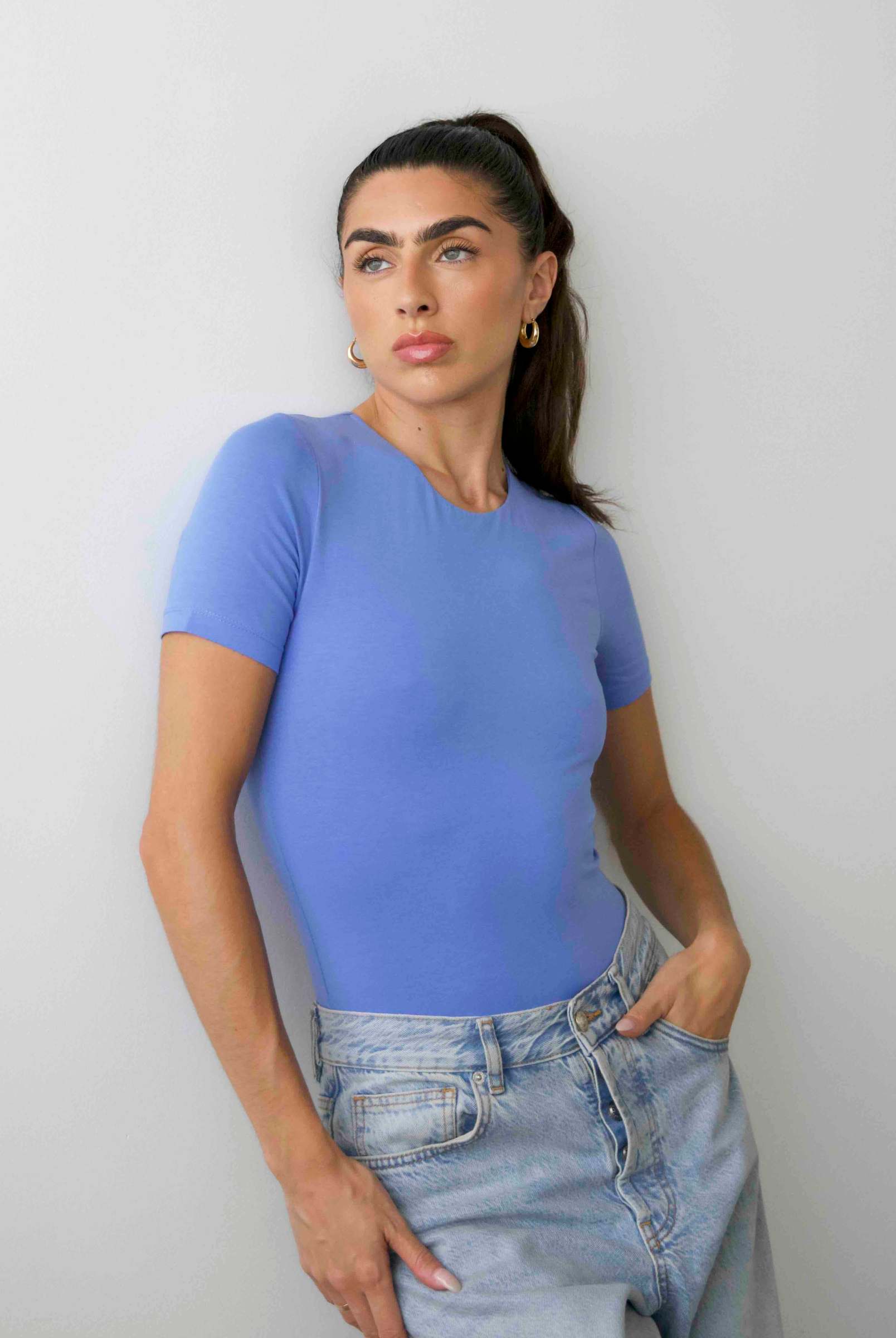 organic cotton crew neck bodysuit, cornflower blue, front