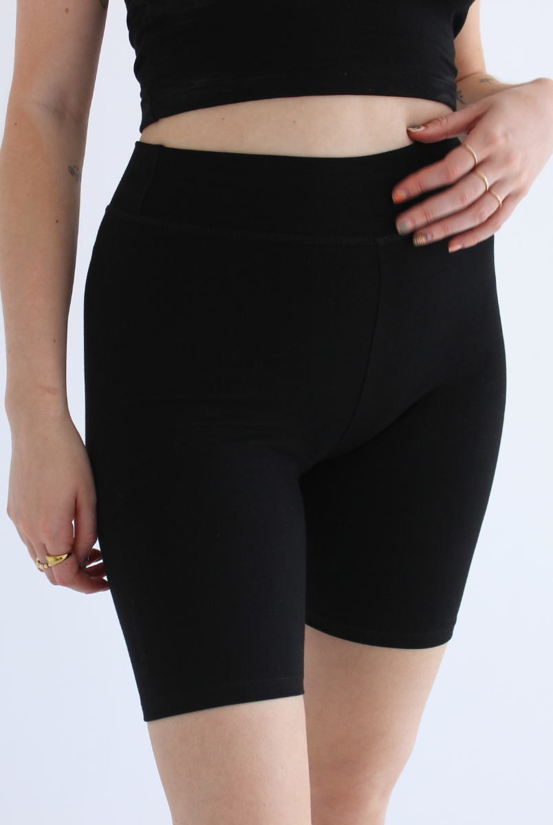 close up of black organic cotton cycling shorts