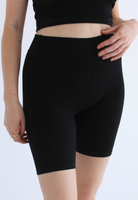 close up of black organic cotton cycling shorts