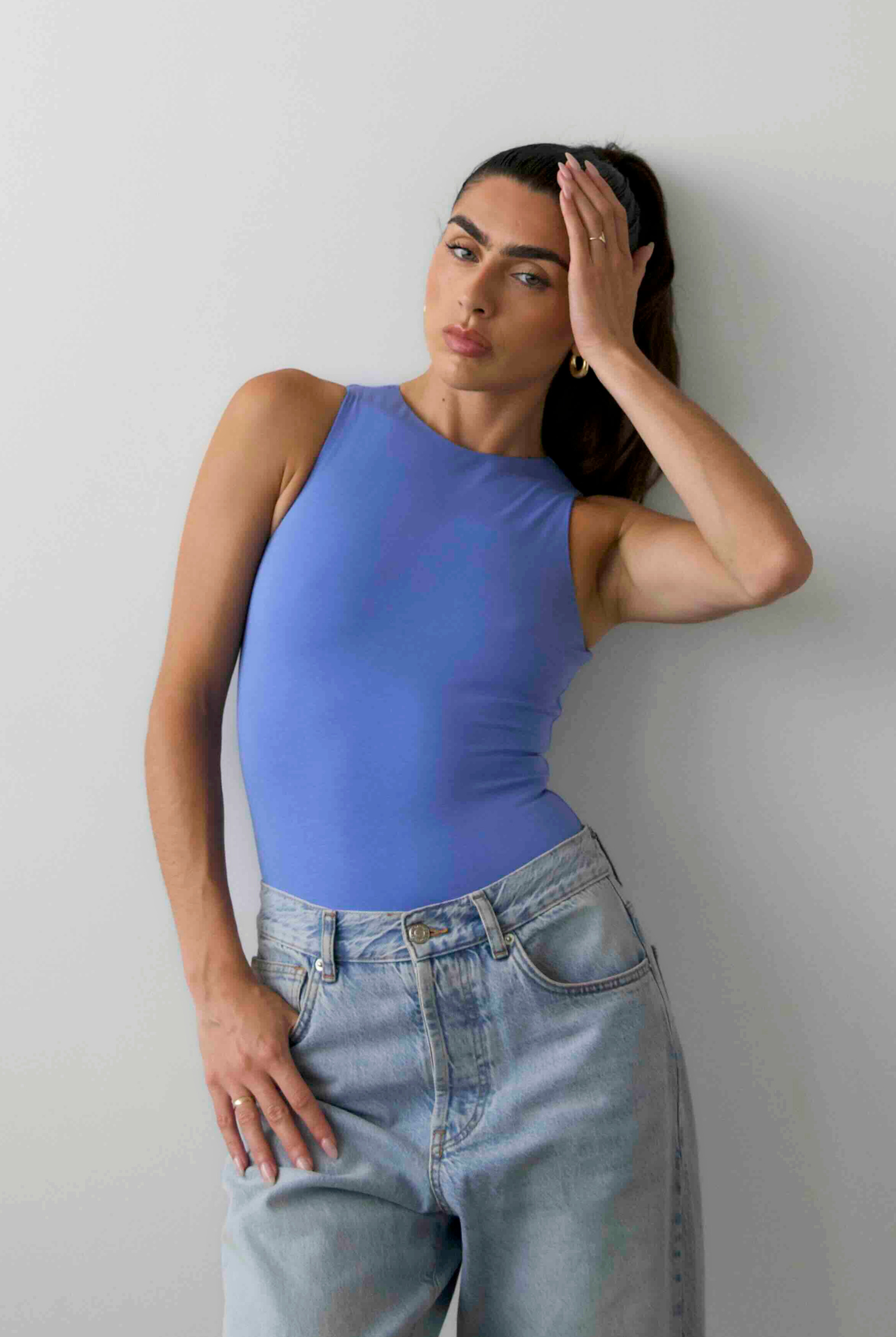 High Neck sleeveless bodysuit, Cornflower Blue, Front