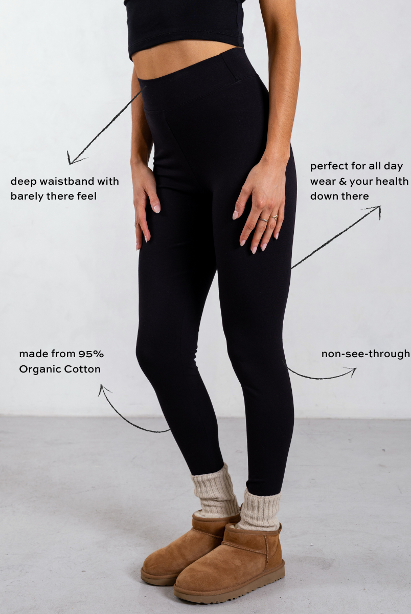 side of black organic cotton leggings