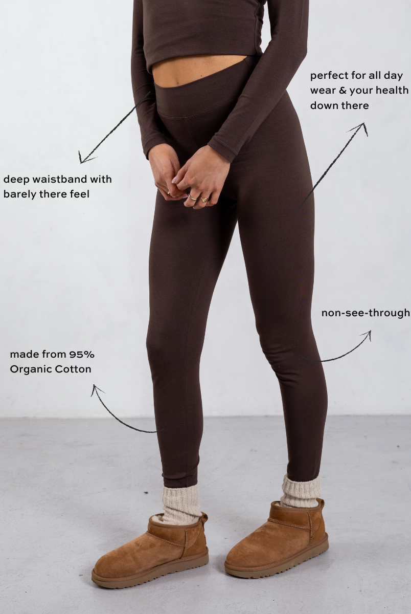 side of brown organic cotton leggings