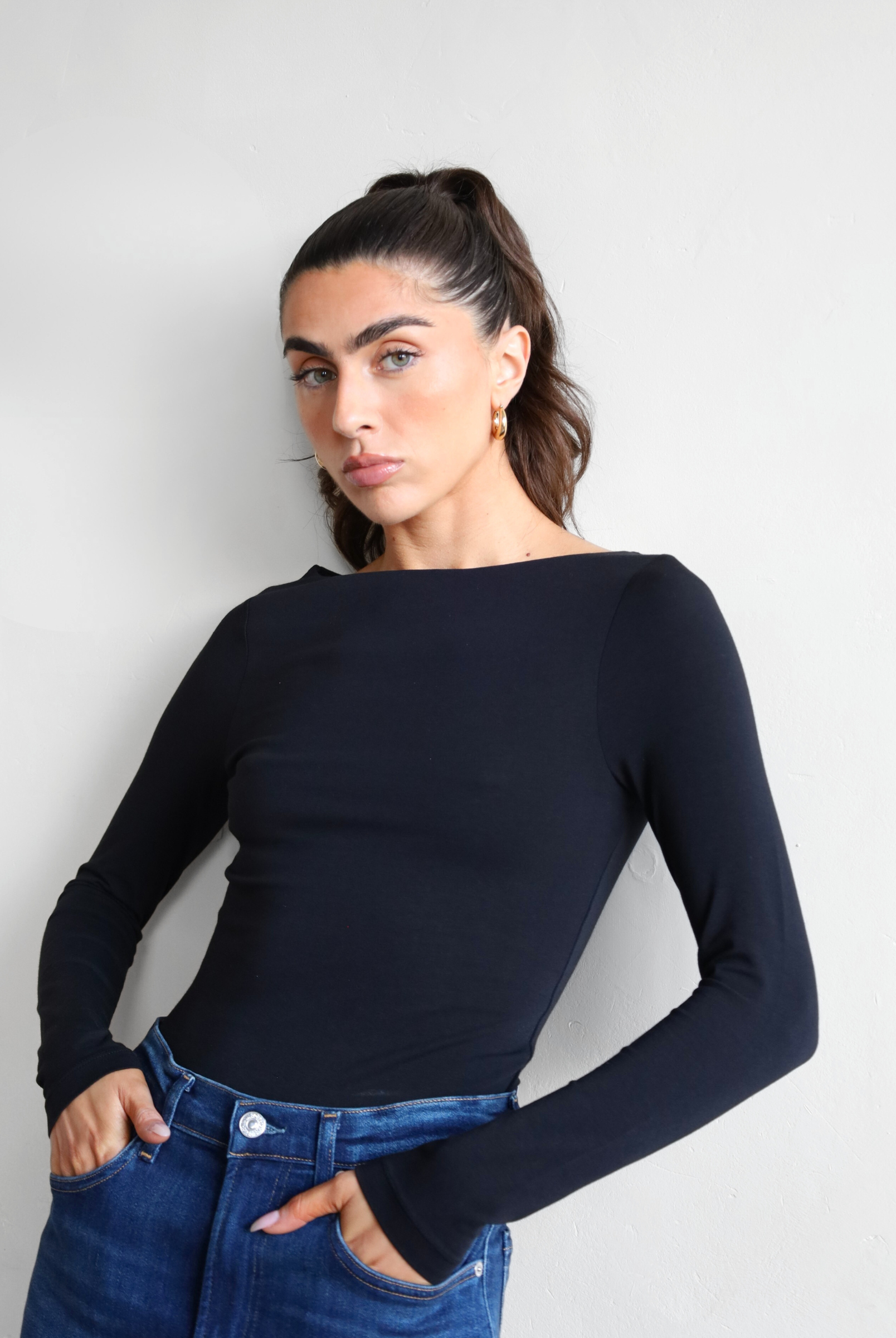 black organic cotton long sleeve boat neck top