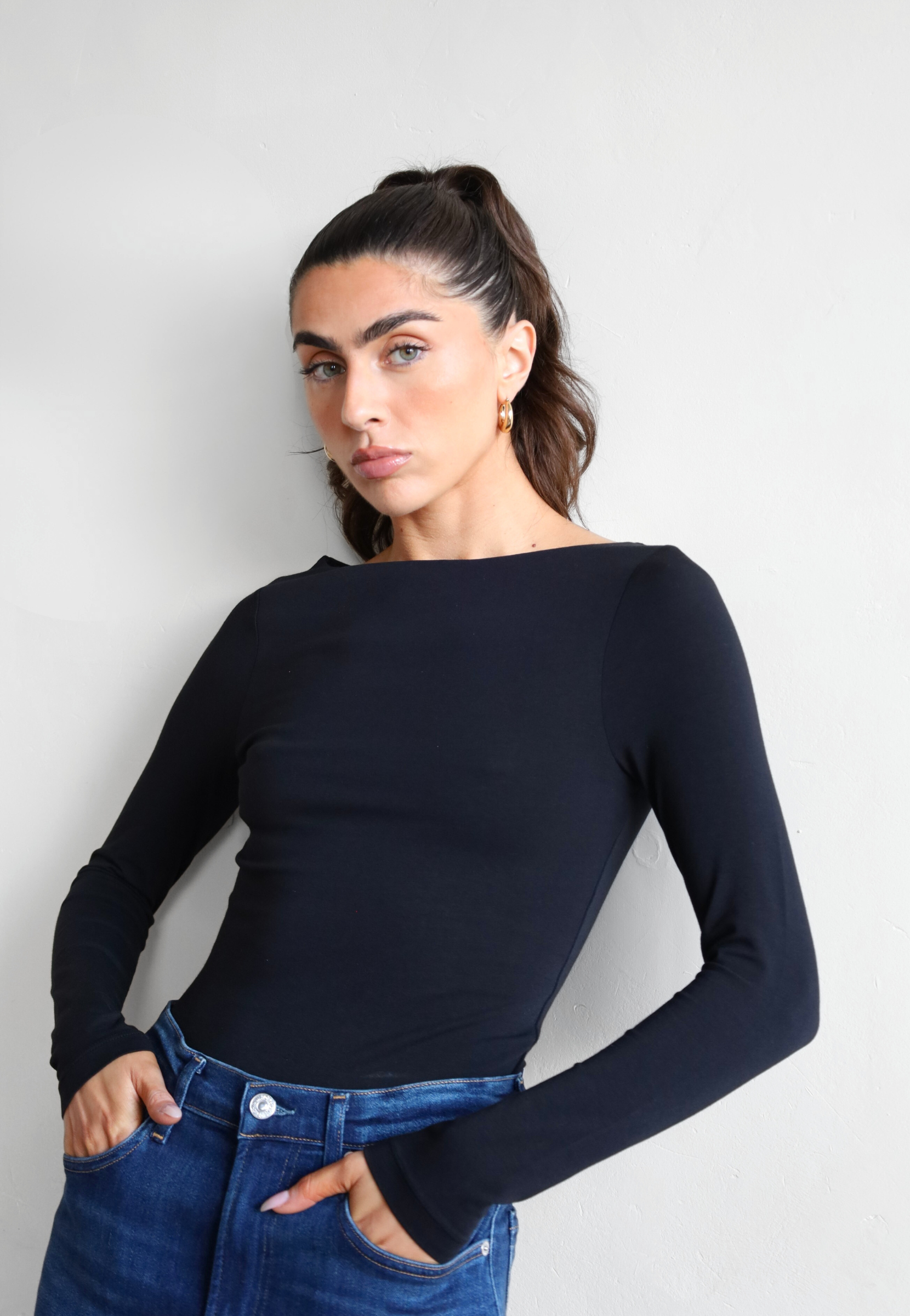 black organic cotton long sleeve boat neck top