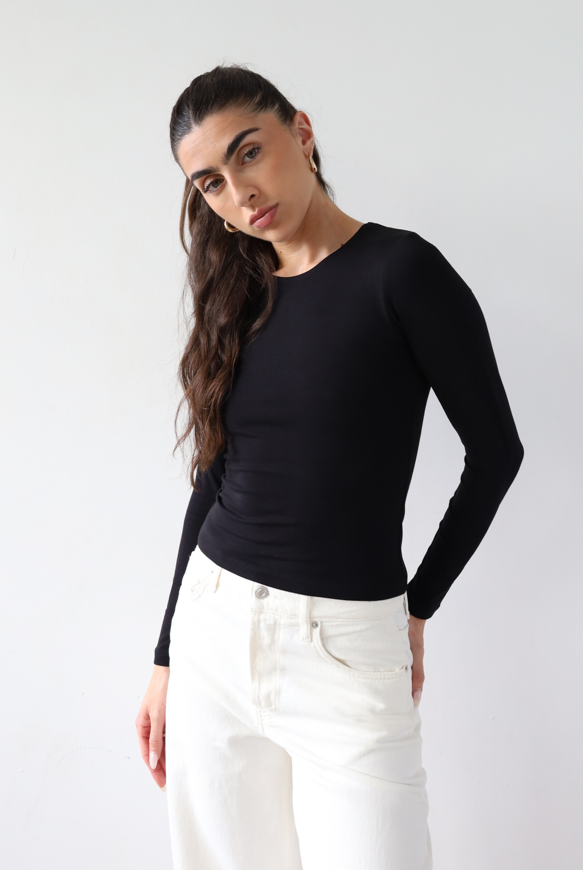 organic cotton long sleeve crew neck bodysuit, black, front