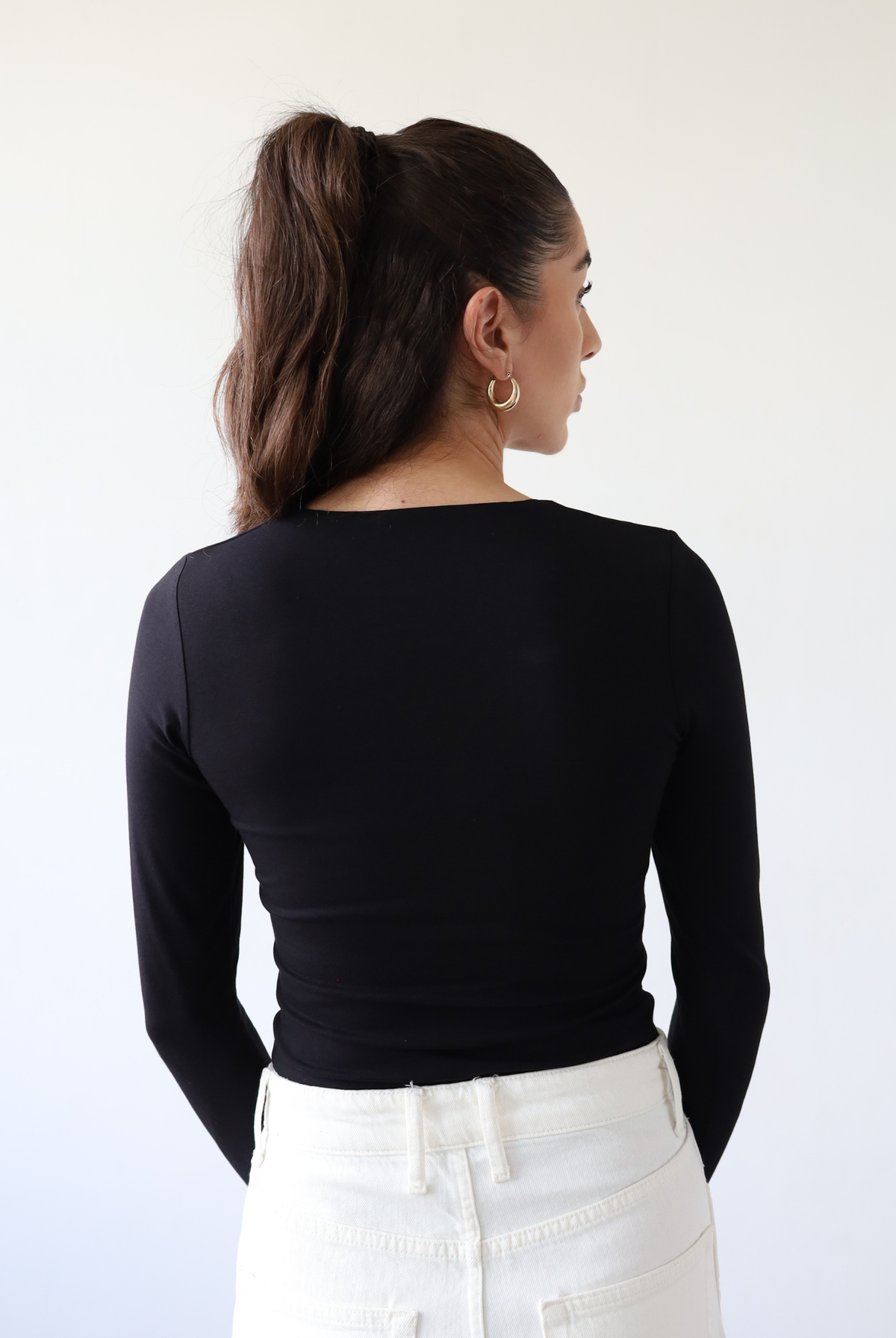 organic cotton long sleeve crew neck bodysuit, black, back
