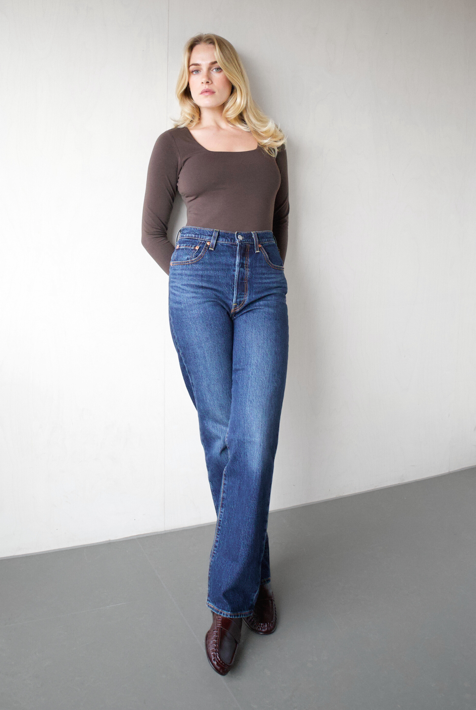 Organic cotton square-neck long sleeve bodysuit, Brown, front