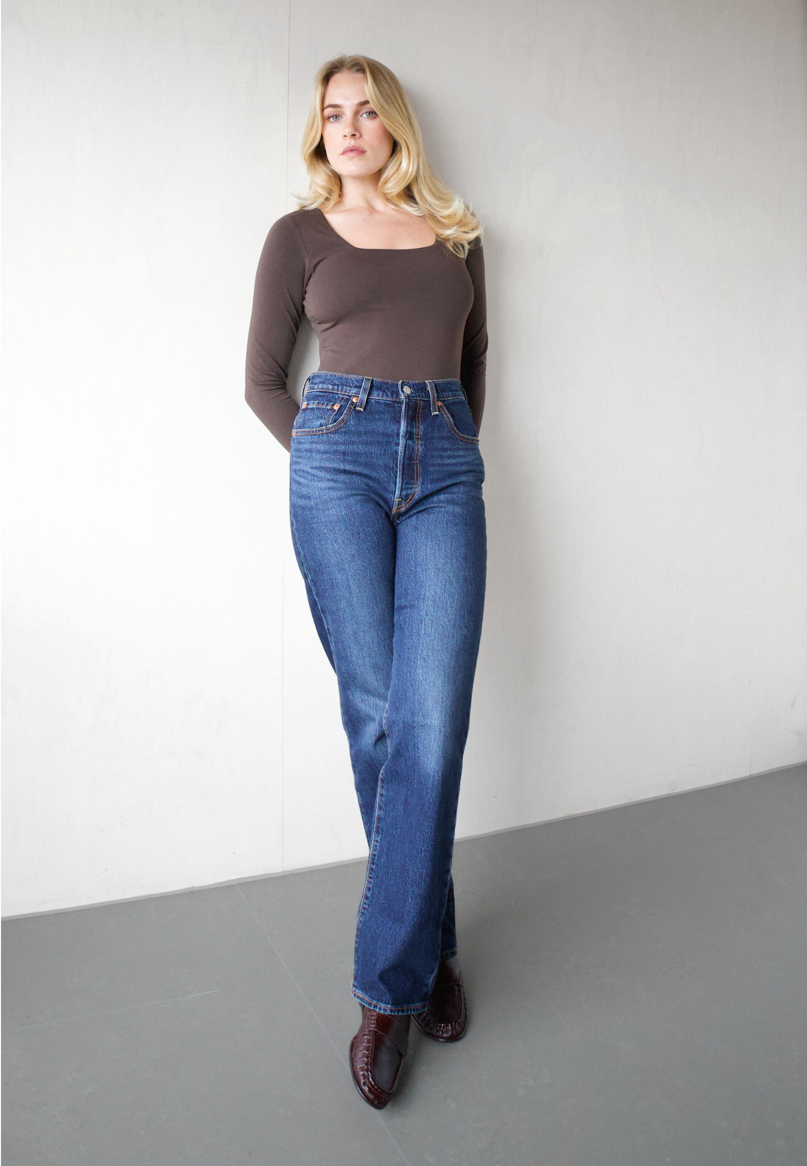 Organic cotton square-neck long sleeve bodysuit, Brown, front