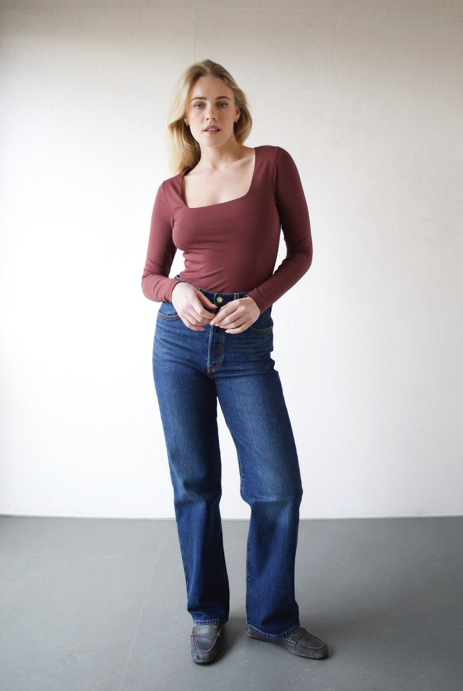 Organic cotton square-neck long sleeve T-shirt, Burgundy, front