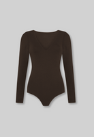 cutout of brown organic cotton v-neck long sleeve bodysuit