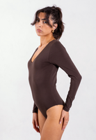 side of brown organic cotton v-neck long sleeve bodysuit