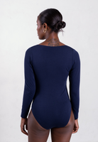 back of navy blue organic cotton v-neck long sleeve bodysuit