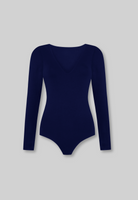 cutout of navy blue organic cotton v-neck long sleeve bodysuit
