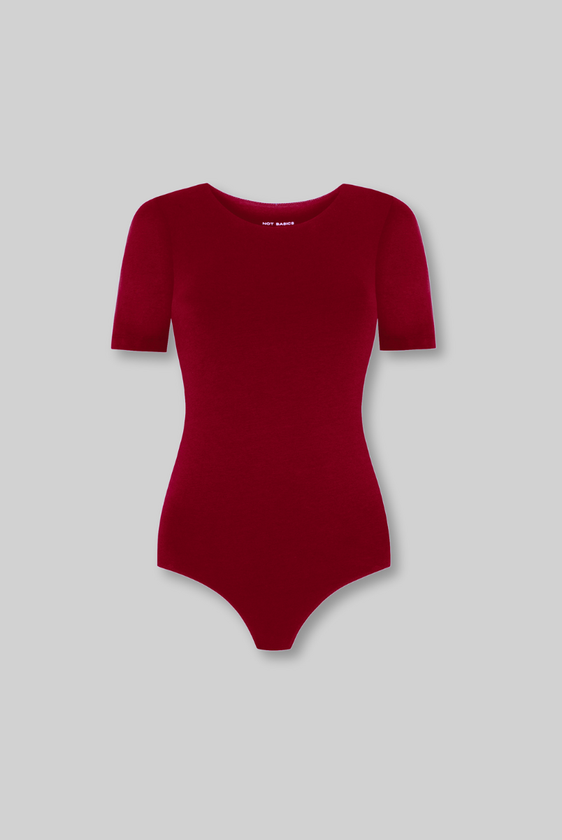 cutout of red organic cotton short sleeve crew neck bodysuit