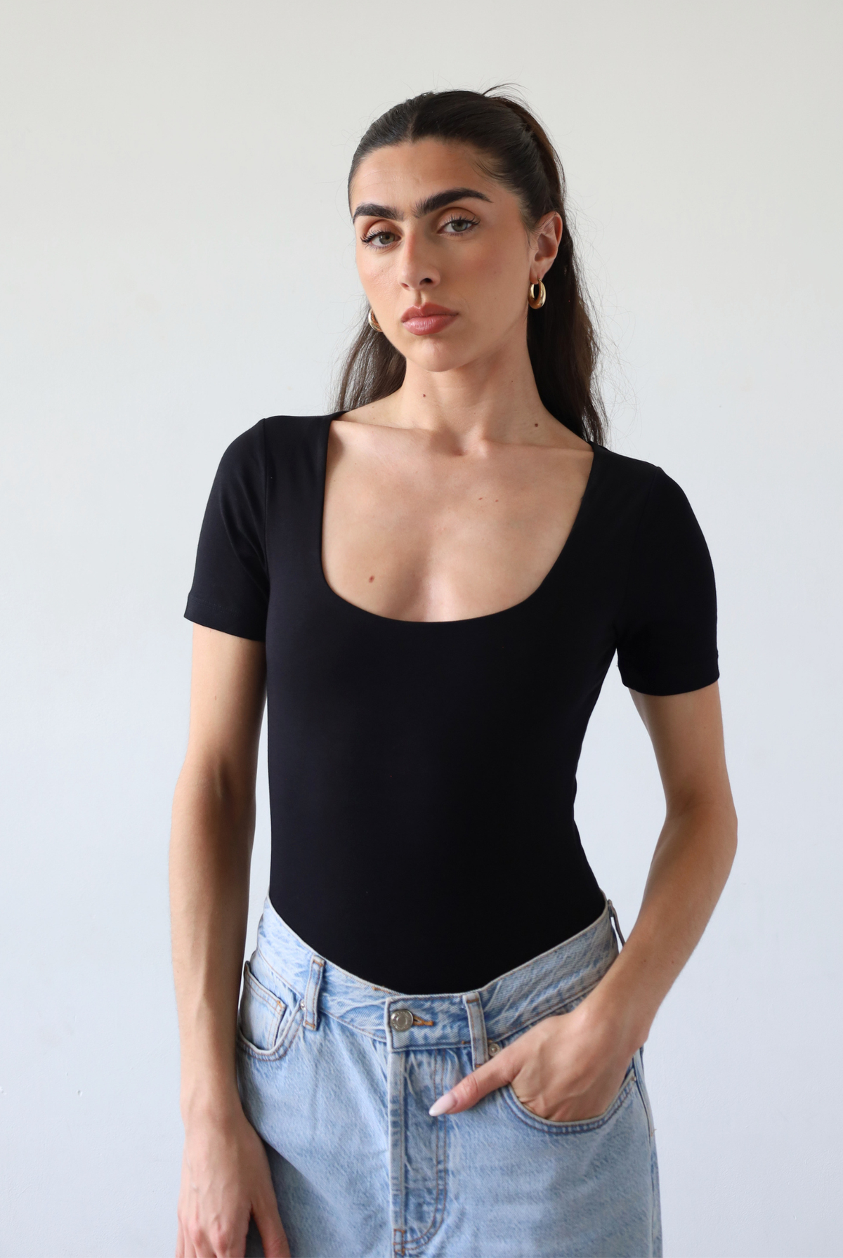 Organic cotton black square neck short sleeve bodysuit, front