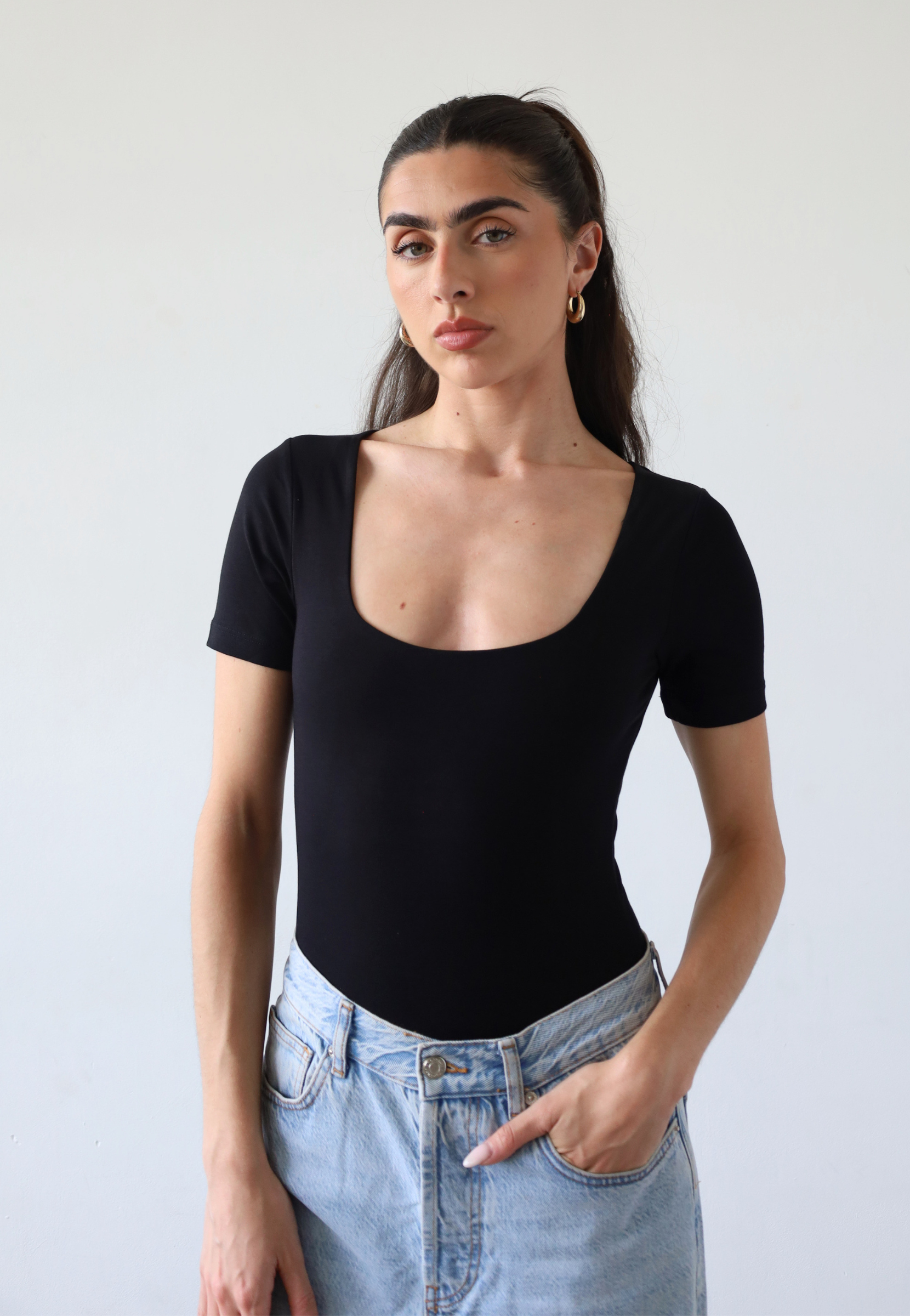 Organic cotton black square neck short sleeve bodysuit, front