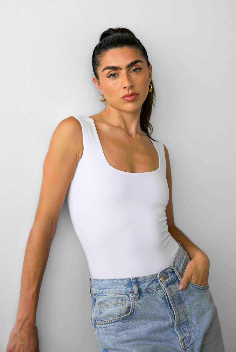 Square Neck Sleeveless bodysuit, White, Front