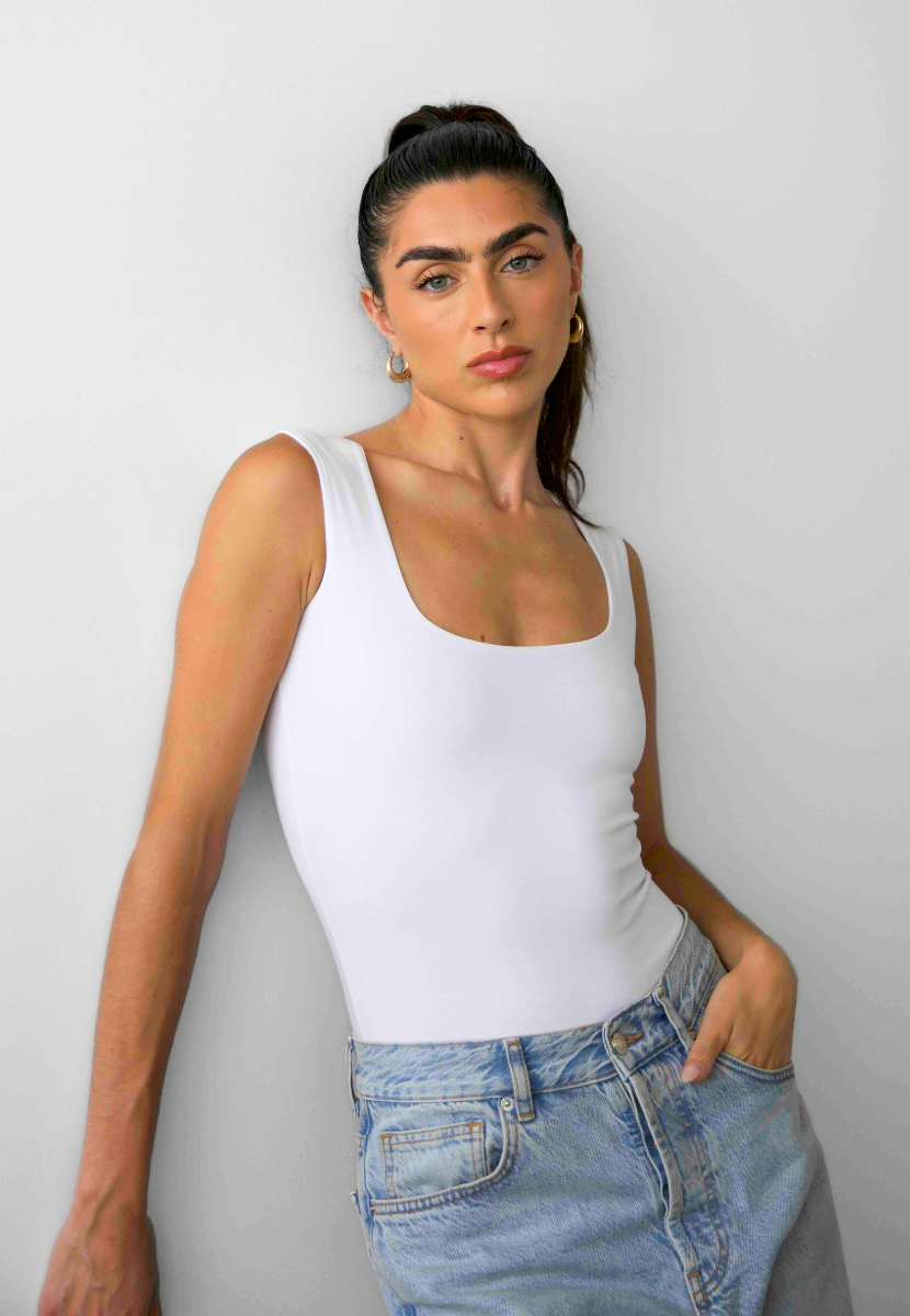 Square Neck Sleeveless bodysuit, White, Front
