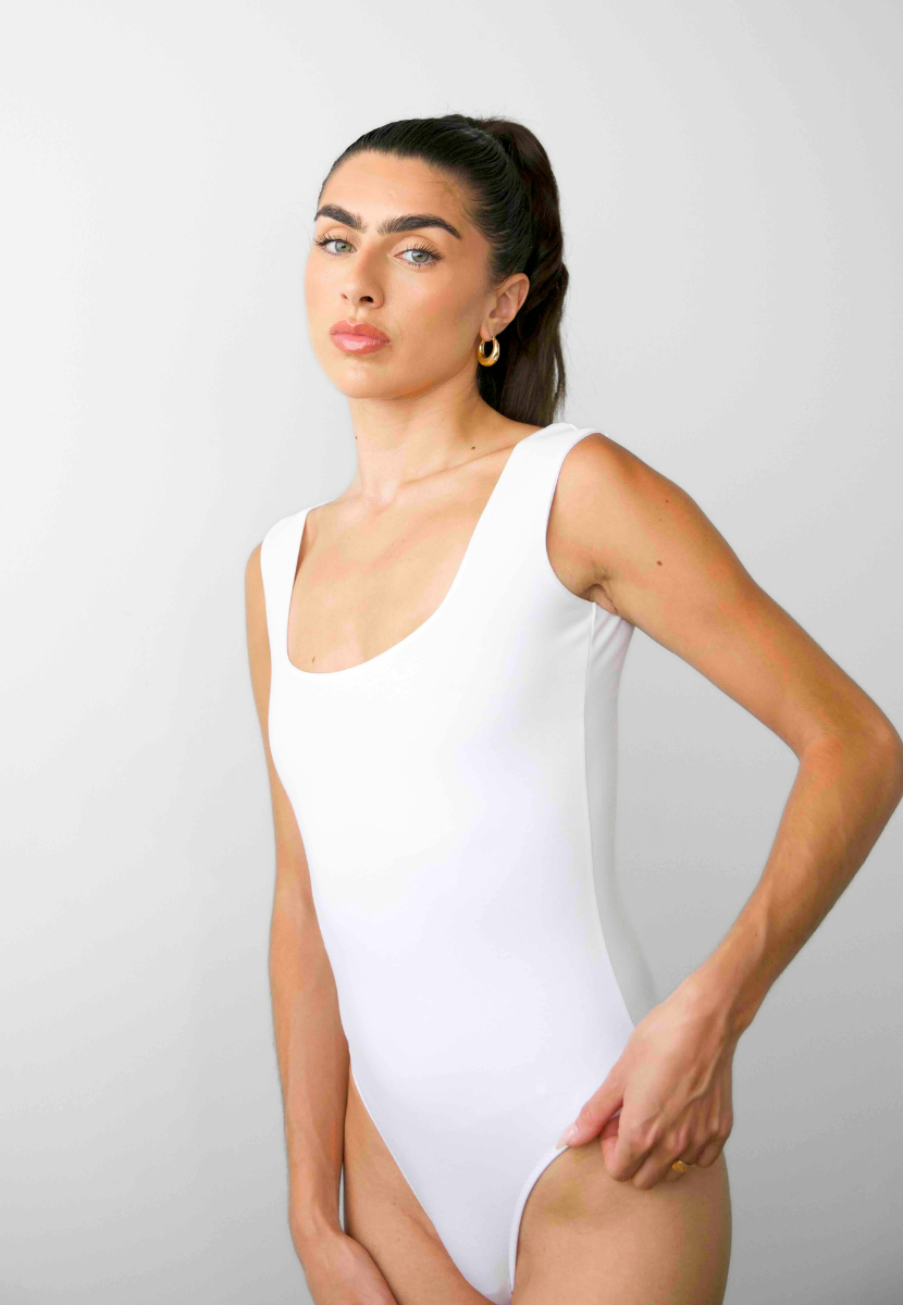 Square Neck Sleeveless bodysuit, White, Front