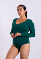 side of green organic cotton sweetheart long sleeve bodysuit