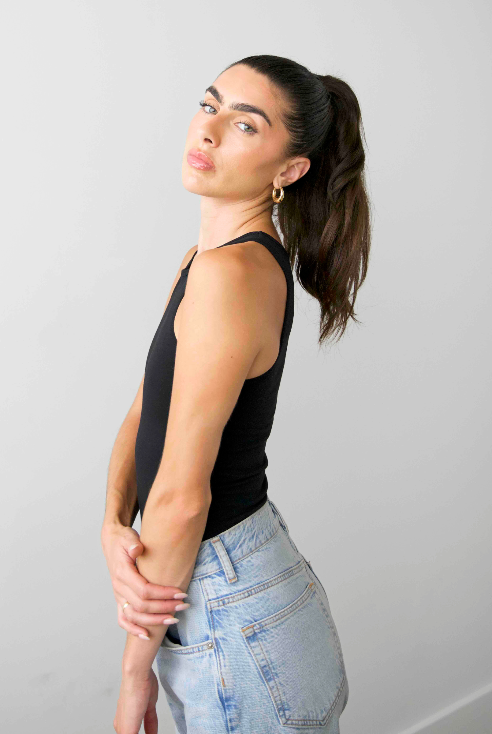 organic cotton full length high neck tank, Black, side