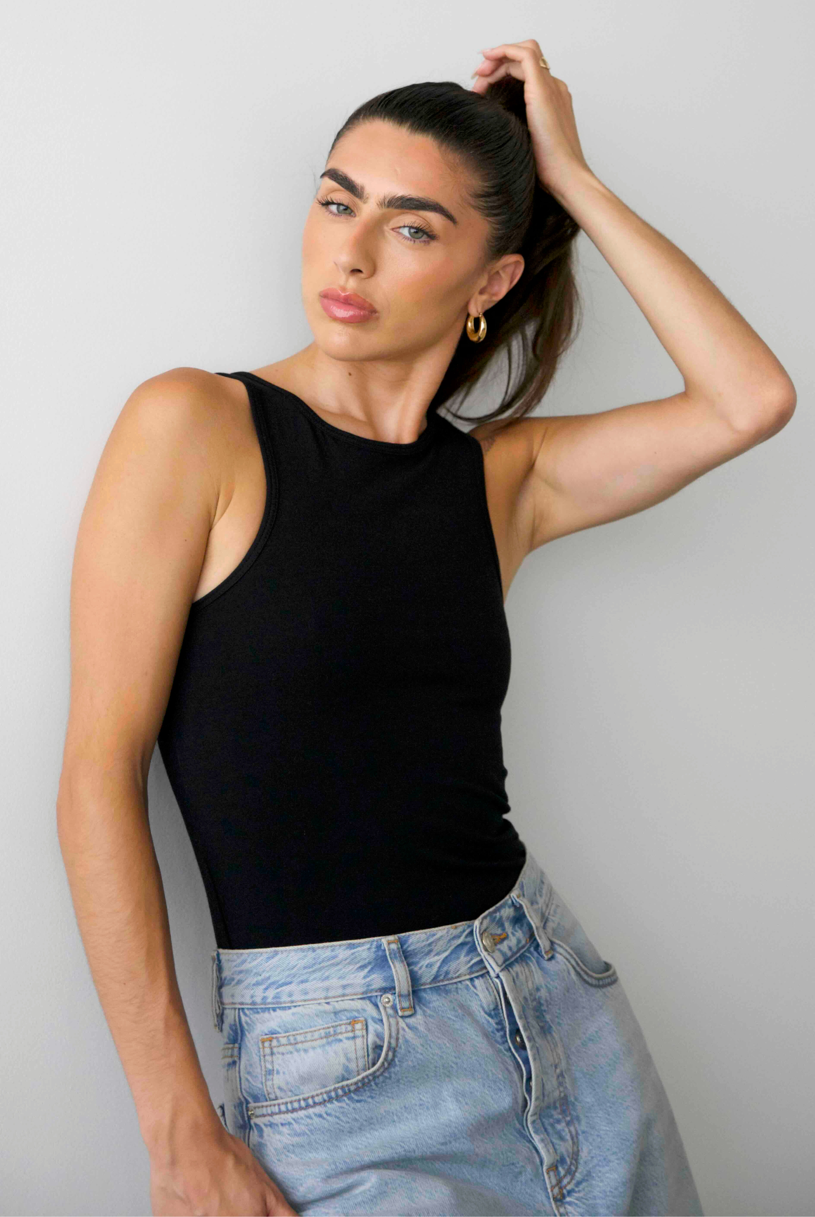 organic cotton full length high neck tank, Black, front