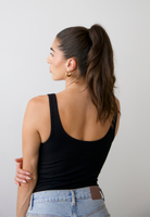 organic cotton v-neck tank top full length, black, back