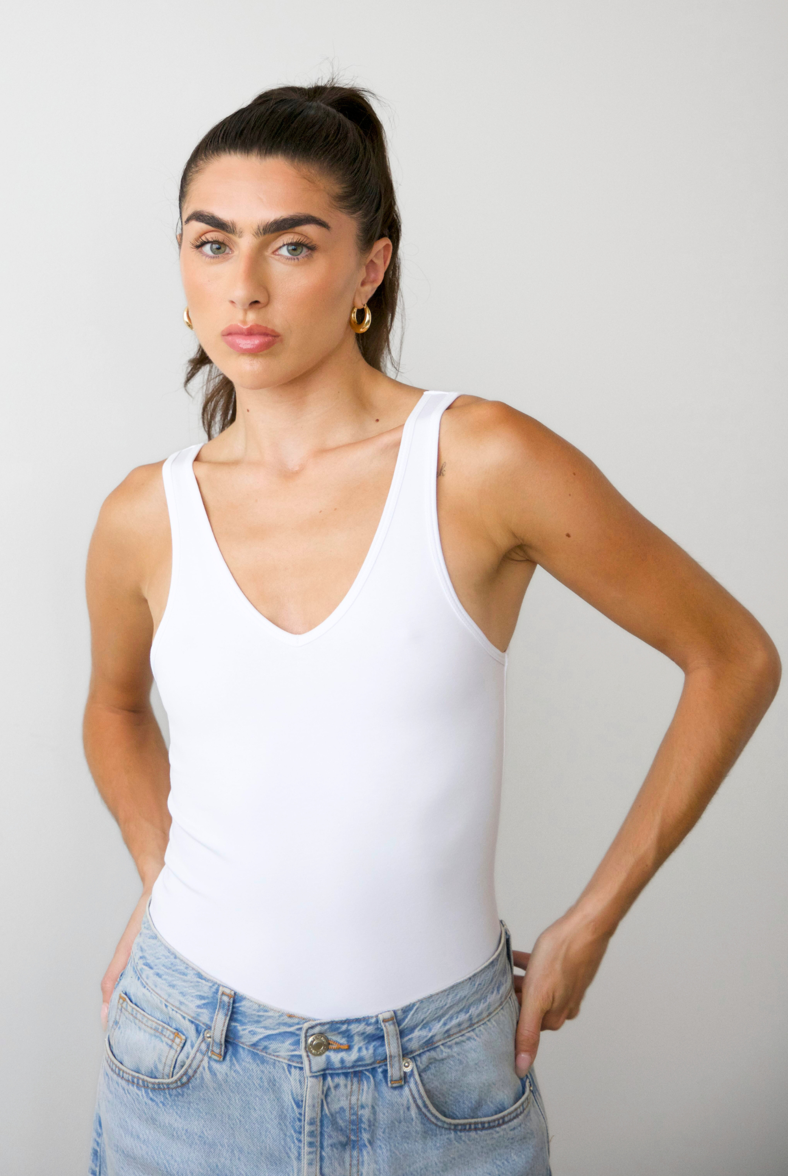 organic cotton v-neck tank top full length, white, front