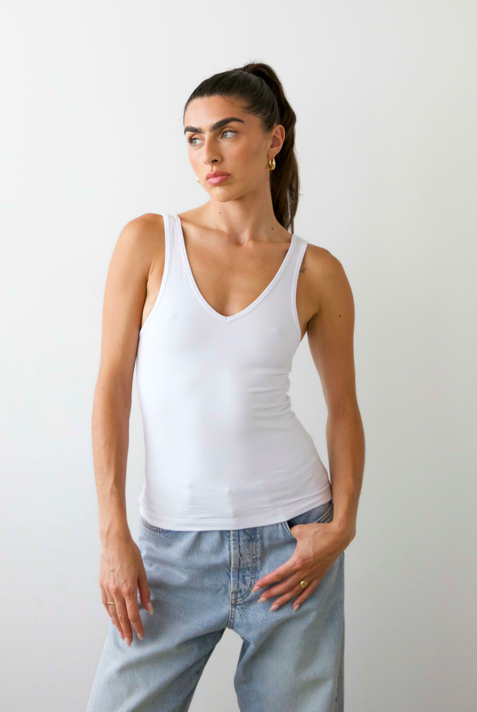 organic cotton v-neck tank top full length, white, front