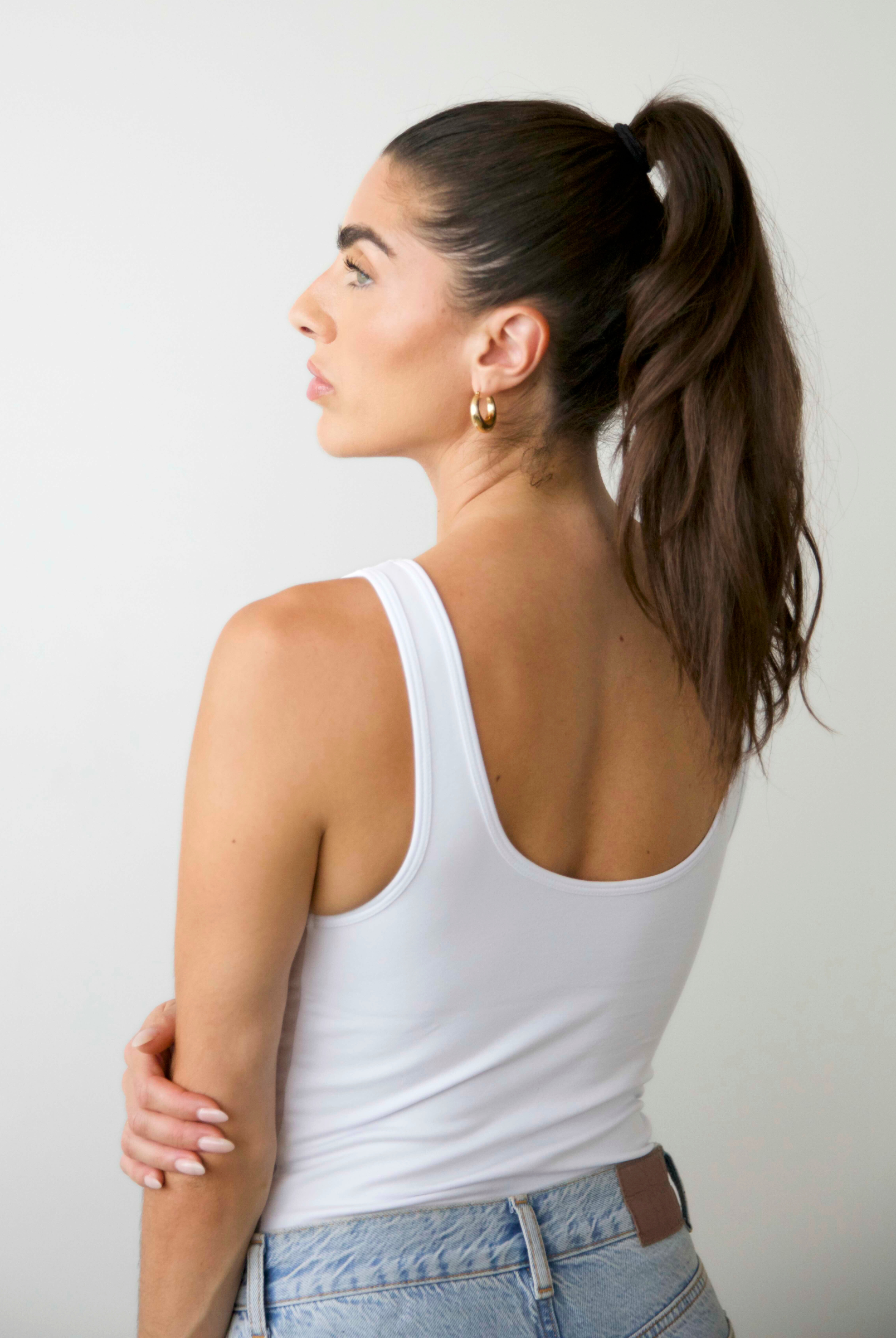 organic cotton v-neck tank top full length, white, back