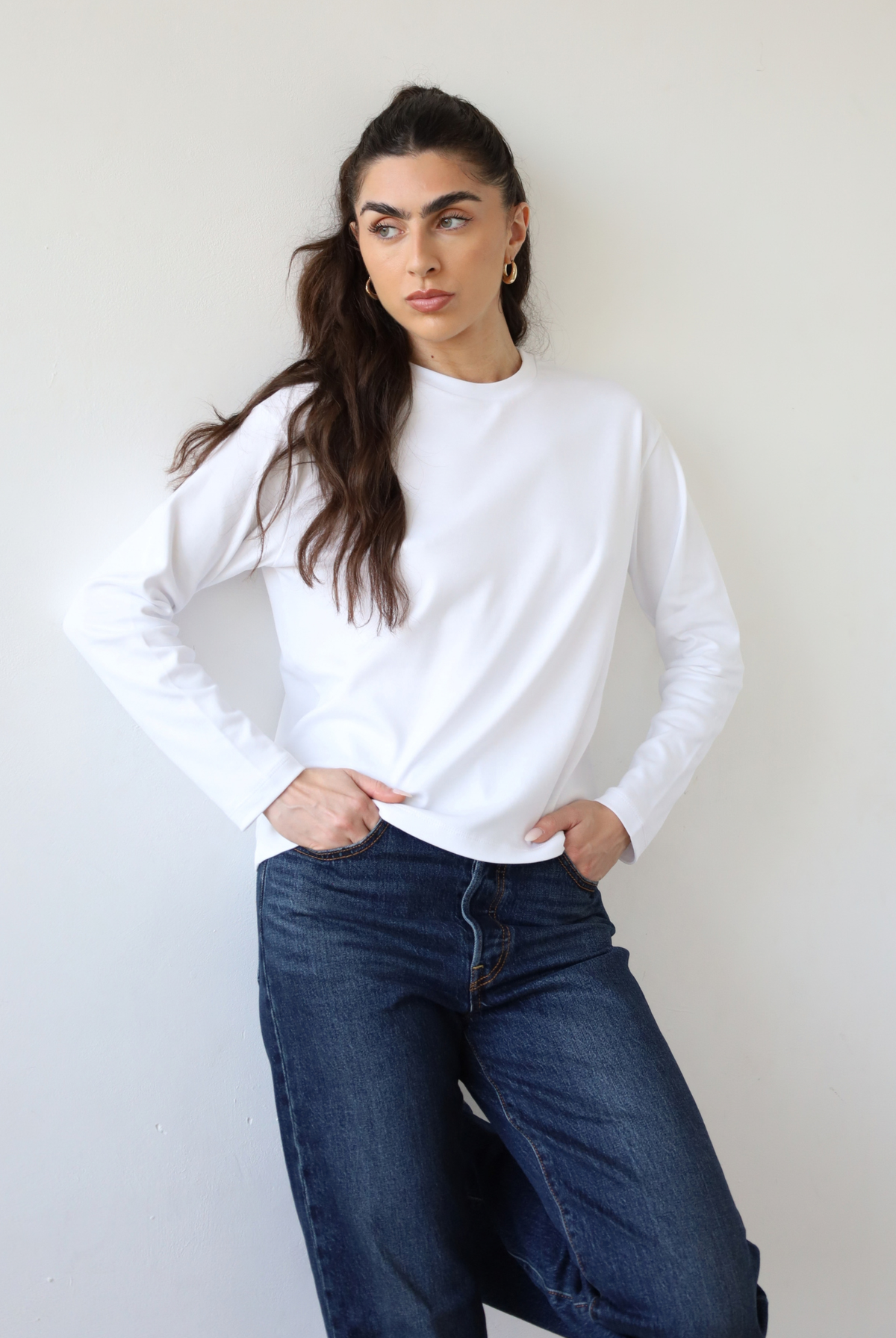 organic cotton long sleeve relaxed fit crew neck t-shirt, white, front