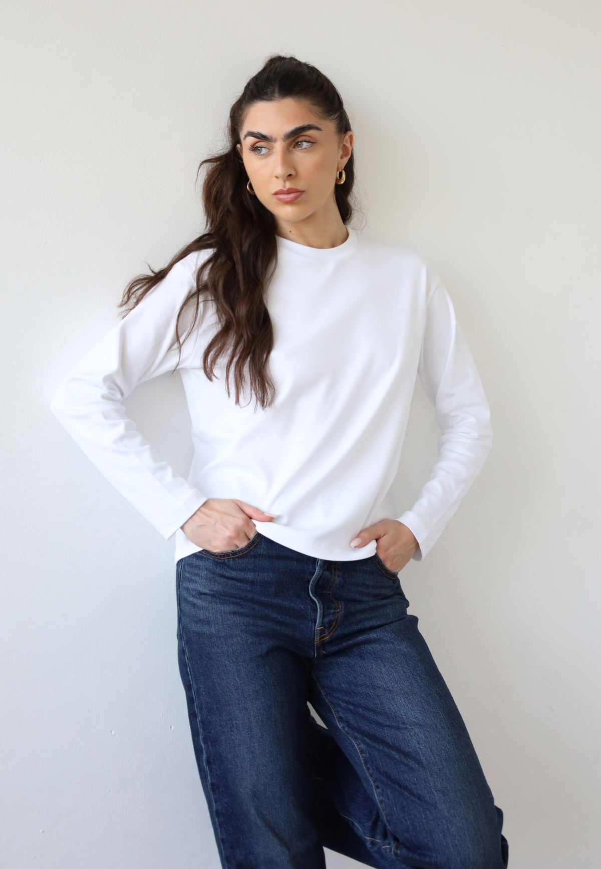organic cotton long sleeve relaxed fit crew neck t-shirt, white, front