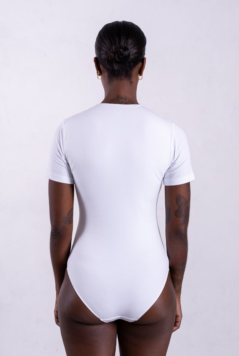 back of organic cotton crew neck white short sleeve bodysuit