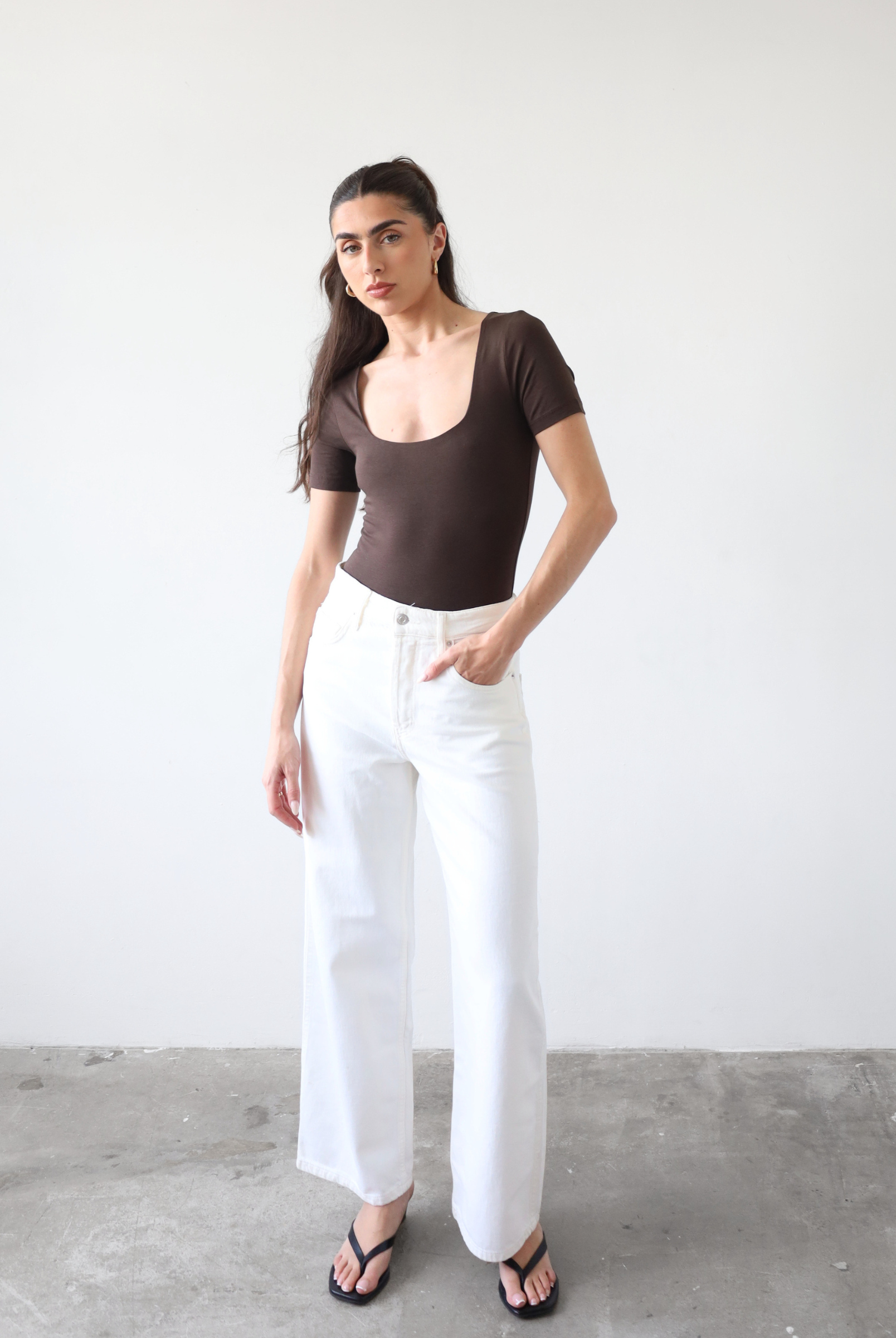 organic cotton square-neck short sleeve t-shirt, dark brown, front styled