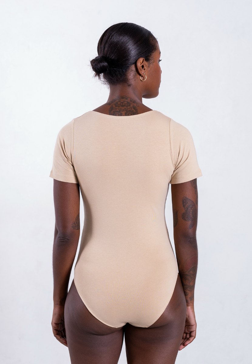 short sleeve v-neck body suit, Oat, back