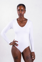 front of white organic cotton v-neck long sleeve bodysuit